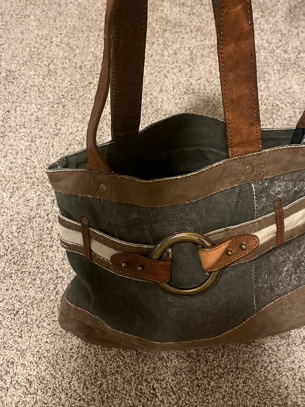 Canvas and Leather Tote Bag in Brown and Olive with Decorative Ring